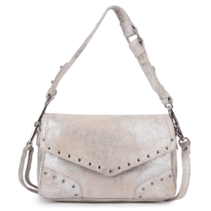 Metallic silver suede leather sling bag with envelope-style studded flap and dual strap options.