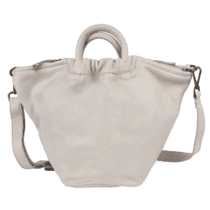Vanilla beige soft leather barrel tote with rounded top handles and crossbody strap.