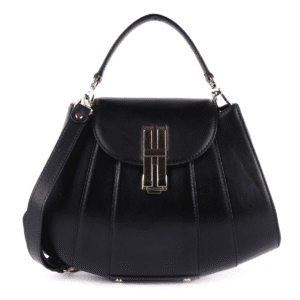 Black structured leather handbag with gold clasp and top handle