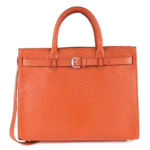 Terracotta croc-textured leather tote bag with top handles and belt detail