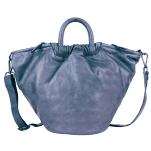 Oversized slouchy leather tote in deep grey with top handles and crossbody strap