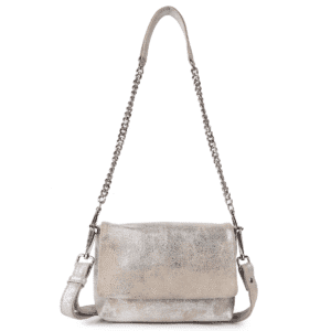 Metallic silver leather crossbody bag with chain and leather strap