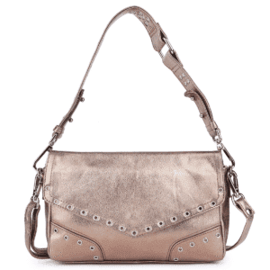 Rose gold metallic leather sling bag with rivet detailing and adjustable strap