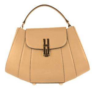 Structured beige leather handbag with gold lock and top handle