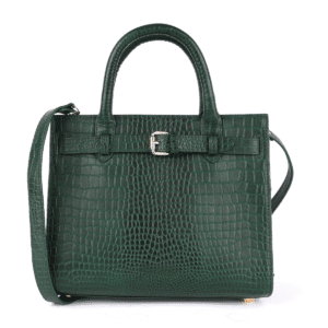 Emerald green croco-textured leather tote with top handles and gold buckle detail