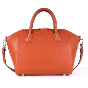 Burnt sienna dome leather satchel with top handles and detachable shoulder strap