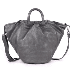 Charcoal grey soft leather tote bag with top handles and shoulder strap