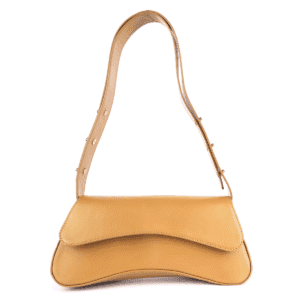 Camel tan curved leather shoulder bag with adjustable strap