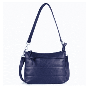 Navy blue leather shoulder bag with zip pocket and adjustable strap
