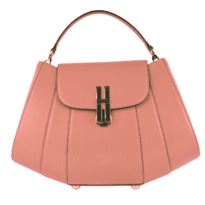 Rose pink structured top-handle handbag with flap closure and gold hardware
