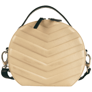 Nude beige round quilted leather sling bag with top handle and crossbody strap