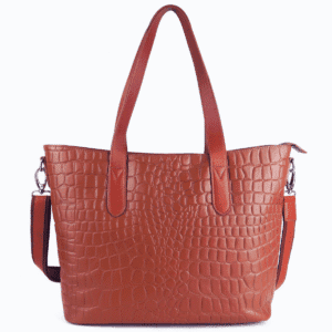 Tan crocodile-textured PU leather tote bag with shoulder and sling straps for women