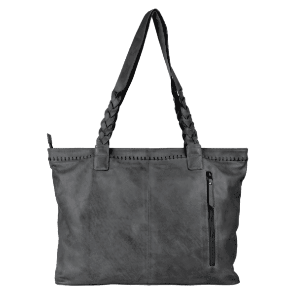 Braided Handle Black Leather Tote Bag - Image 5