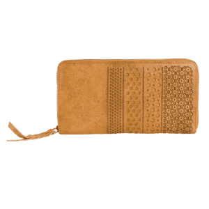Panel Embossed Tan Leather Zip Wallet