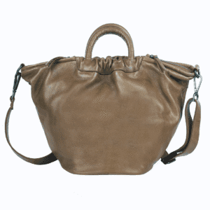 Taupe brown slouchy leather handbag with short round handle and crossbody sling strap