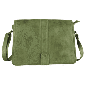 Olive green leather crossbody bag with flap and adjustable strap