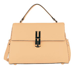 Beige structured top-handle satchel bag with gold and black clasp and detachable shoulder strap
