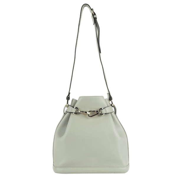 Light dove grey bucket shoulder bag with adjustable strap and gold buckle accent