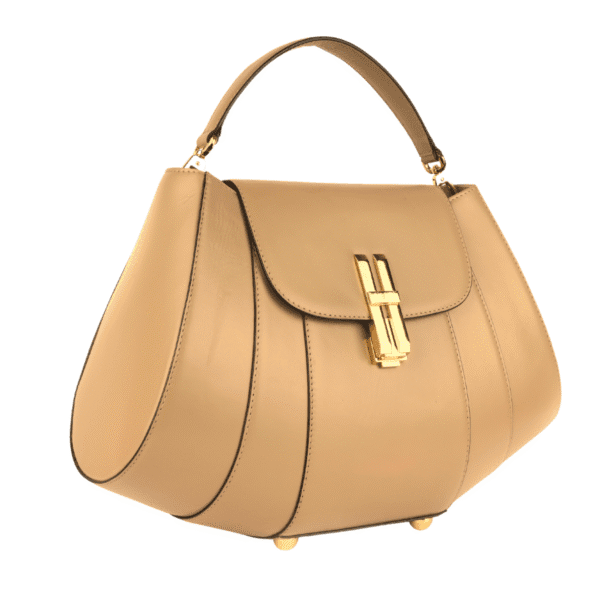 Classic Beige Structured Leather Handbag – Gold Lock Edition - Image 2