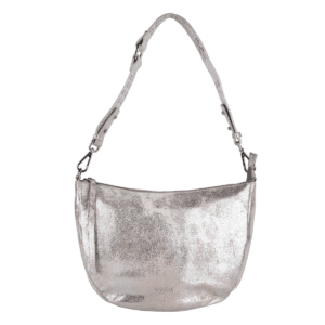 Metallic silver crescent leather shoulder bag with adjustable strap and high-shine finish