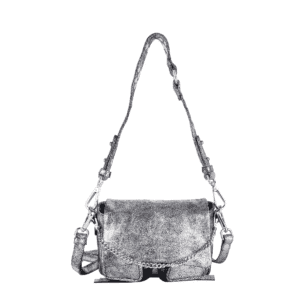 Metallic distressed silver leather crossbody bag with chain accent and adjustable shoulder strap