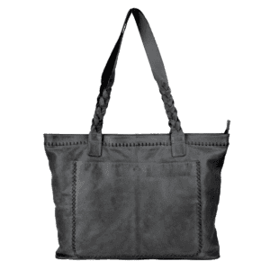Braided Handle Black Leather Tote Bag