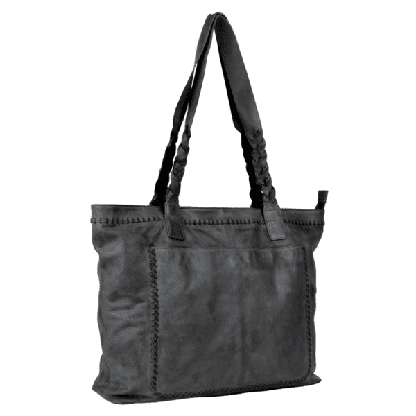Braided Handle Black Leather Tote Bag - Image 4