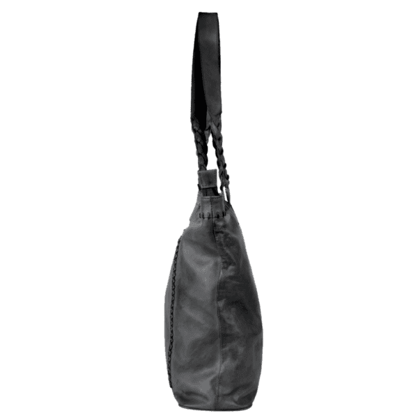 Braided Handle Black Leather Tote Bag - Image 2