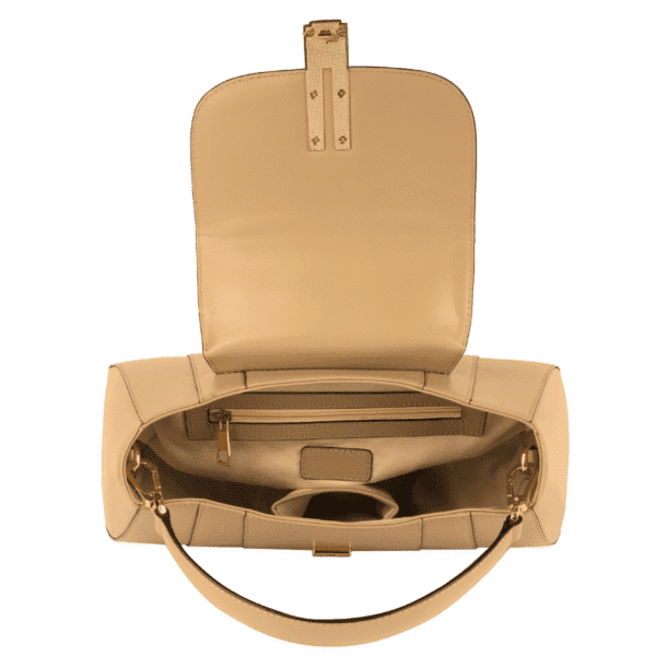 Classic Beige Structured Leather Handbag – Gold Lock Edition - Image 5