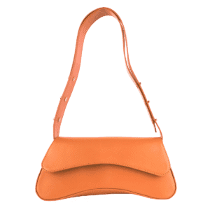 Sunset tan leather shoulder bag with curved flap and thick adjustable strap