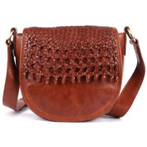 Handwoven brown real leather crossbody saddle bag with adjustable strap