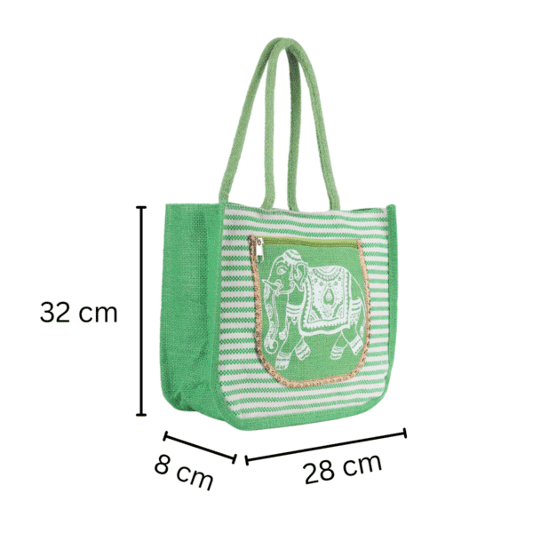 Green Elephant Motif Jute Tote - Image 5