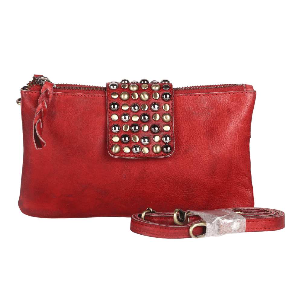 Red leather clutch bag with decorative metal studs and detachable strap by top bag exporter.