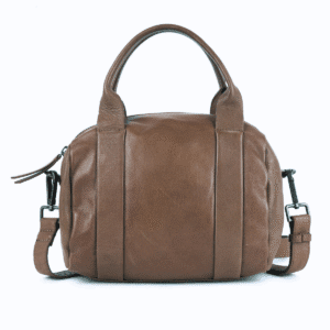 Brown genuine leather handbag with dual top handles and detachable crossbody strap – ideal for modern leather business collections.