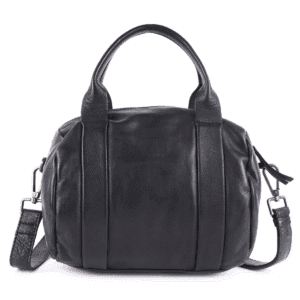 Black genuine leather handbag with structured handles and detachable shoulder strap – crafted by one of the best handbag manufacturers in India.