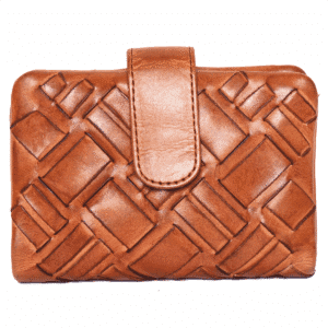 Handcrafted tan leather ladies' wallet with geometric pattern and flap closure
