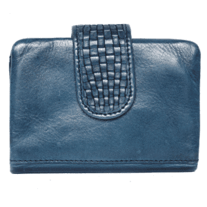 Premium blue leather good – handcrafted ladies' wallet with woven flap closure