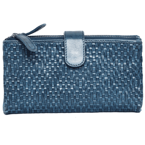Blue woven leather purse with flap and zipper, handcrafted by custom purse manufacturers