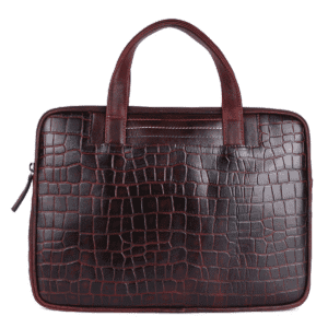 Elegant crocodile-textured leather laptop bag in deep brown, handcrafted by a leather bags manufacturer and exporter in India.