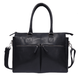 Elegant black leather handbag with dual handles and zipper pockets – a premium pick among the best leather products.