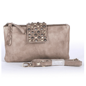 Small studded taupe leather crossbody bag with detachable strap