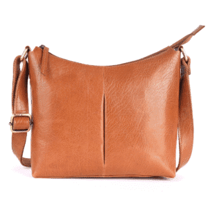 Stylish tan leather crossbody bag for women with adjustable strap and pleated front design.