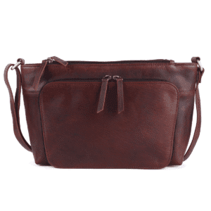 Premium brown leather custom crossbody bag with front dual-zip pocket and adjustable strap.