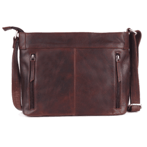 Dark brown genuine leather women’s crossbody bag with dual vertical zipper pockets and adjustable shoulder strap.