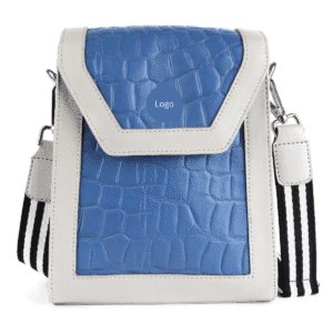 Stylish ladies crossbody bag with white and blue faux crocodile leather finish and striped strap