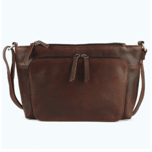 Dark brown genuine leather sling bag with dual zipper compartments and adjustable strap
