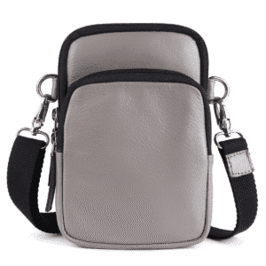 Grey leather crossbody bag with black zipper and detachable strap