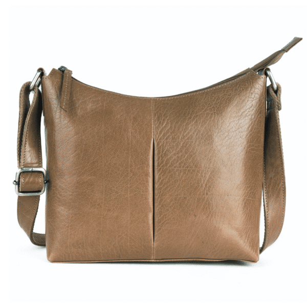 Tan genuine leather women crossbody bag with adjustable strap and minimal design.