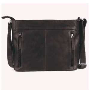 Dark brown women’s sling bag made of genuine leather with dual front zipper pockets and adjustable strap.