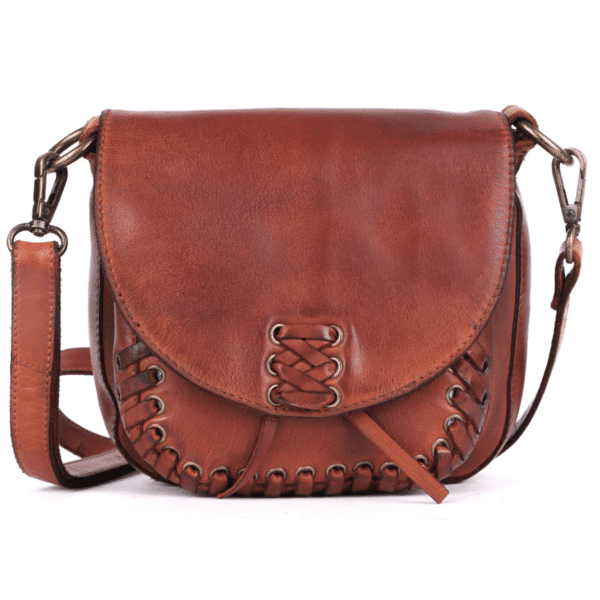 Rustic brown genuine leather ladies side bag with flap and handwoven detailing